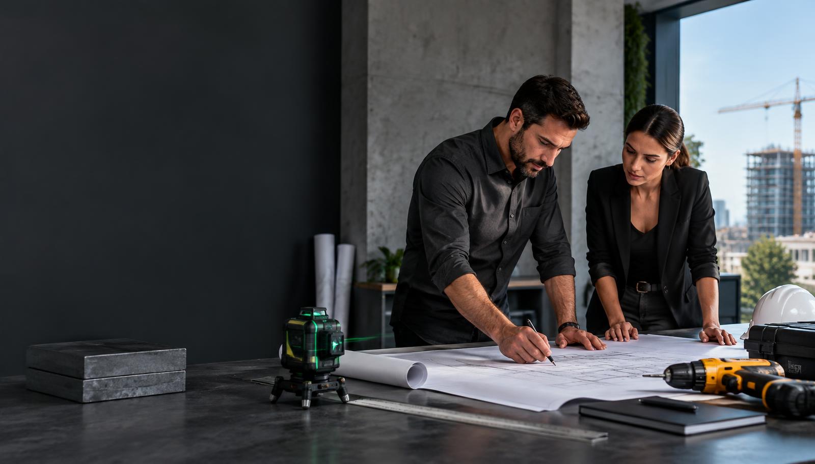 Engenheiros analisando projeto com ferramentas profissionais